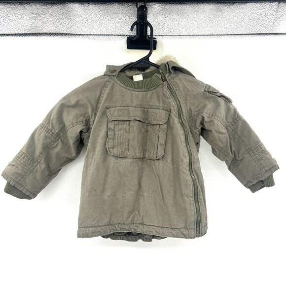 H&M Olive Green Fur Trim Hood Baby Jacket Size 1.5-2 Year - Picture 1 of 4